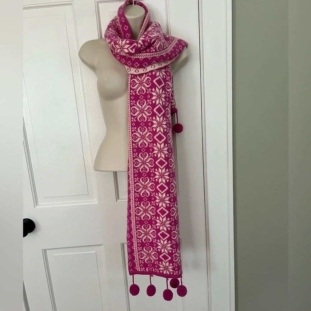 Bloomingdales Cashmere Wool Nordic Alpine Pom Poms Scarf Hot Pink Ivory Soft New